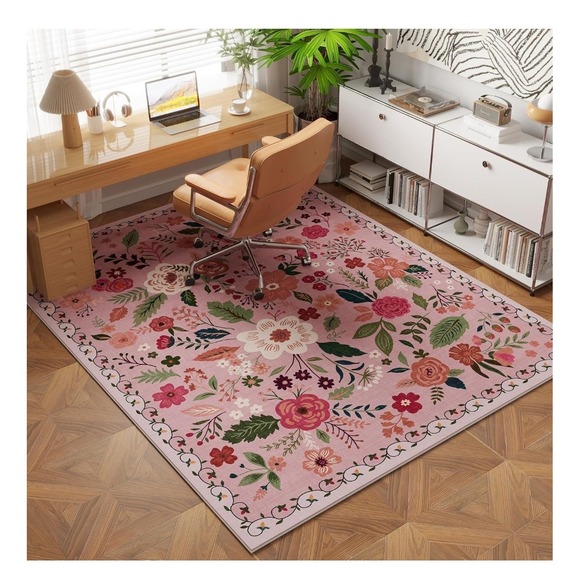 Rugcomf Area Rug Carpet Washable Non Slip Low Pile Boho Floral Pink 3x5 NEW
